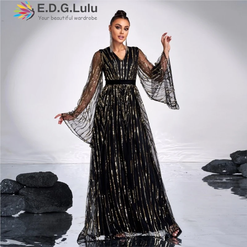 EDGLuLu V-Neck See Through Mesh Long Sleeves Women Dresses Elegant Party Glitter Sequin Print Black Long Evening Gown 1203