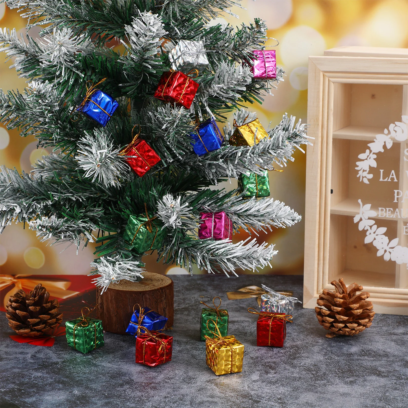 

Christmas Tree Gift Pack Flocked naments Decorative Pendants Hanging Decors Bright Color Gold Foil Tiny Boxes Rope Hook
