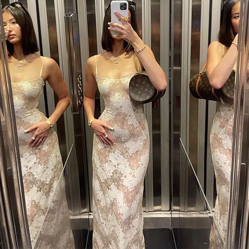 프랑스어 섹시한 Strappy Backless 슬립 드레스 여성 우아한 Bodycon 롱 드레스 가을 Instagram-Worthy High-Slit Mermaid Hem Maxi Dress