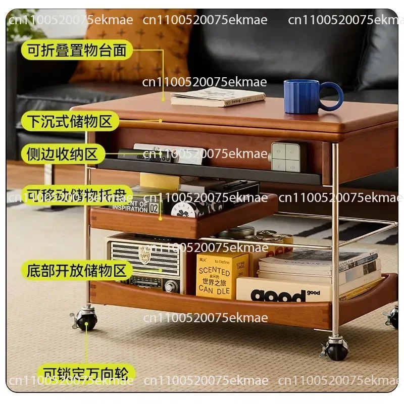 Medieval Mobile Antique Solid Wood Coffee Table Folding Household Retro Small Apartment Living Room Trolley Sofa Storage