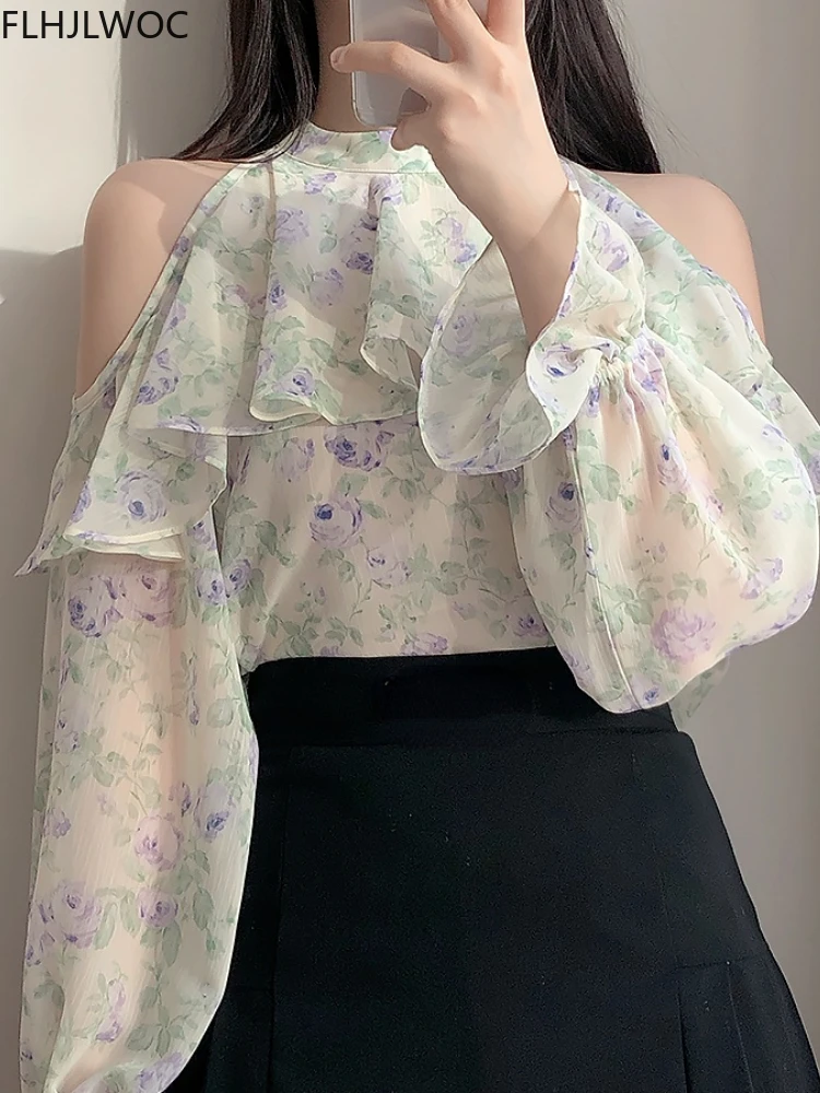 Cute Chic Tops Sweet Girls Holiday Date Wear Women Summer Flhjlwoc Korean Floral Chiffon Ruffled Off Shouler Top Blouse 5009