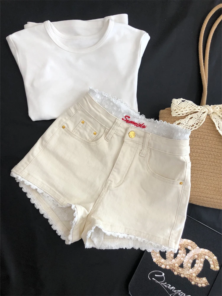 

Oversized Lace Spliced Denim Shorts Women Summer New High Waist Slim Hot Girls Style Shorts Fashion Niche A-line Hot Pants