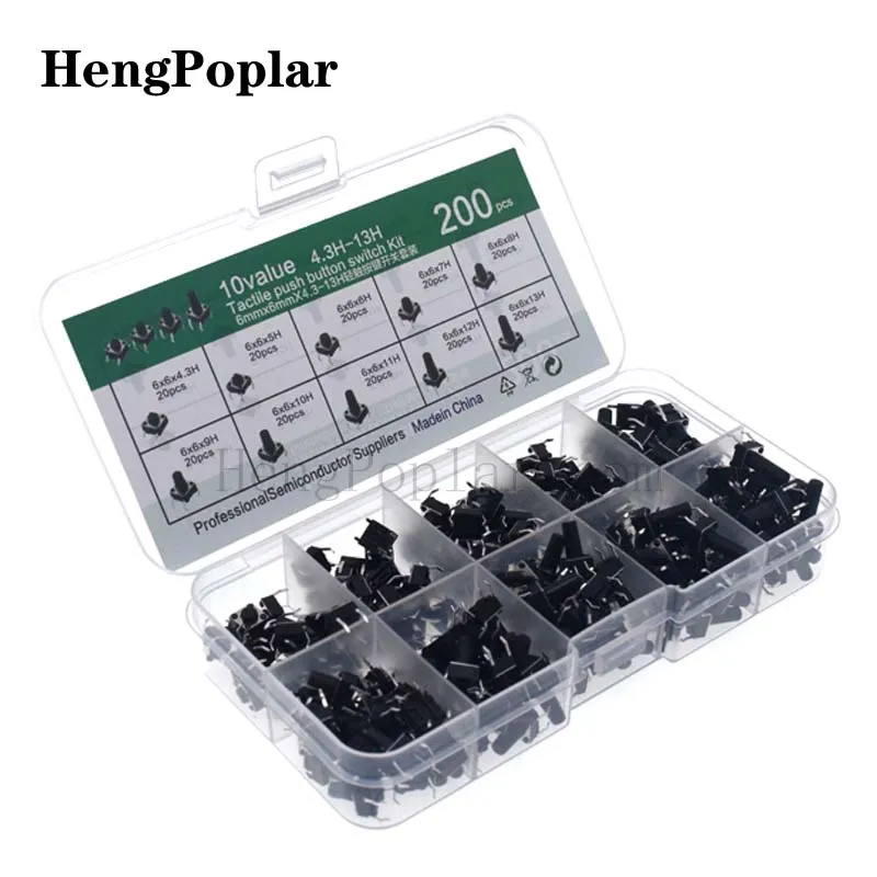 10 models=200pcs 6*6 Tact Switch Tactile Push Button Switch Kit Height: 4.3 5~13MM DIP 4P micro switch 6x6 Key switch