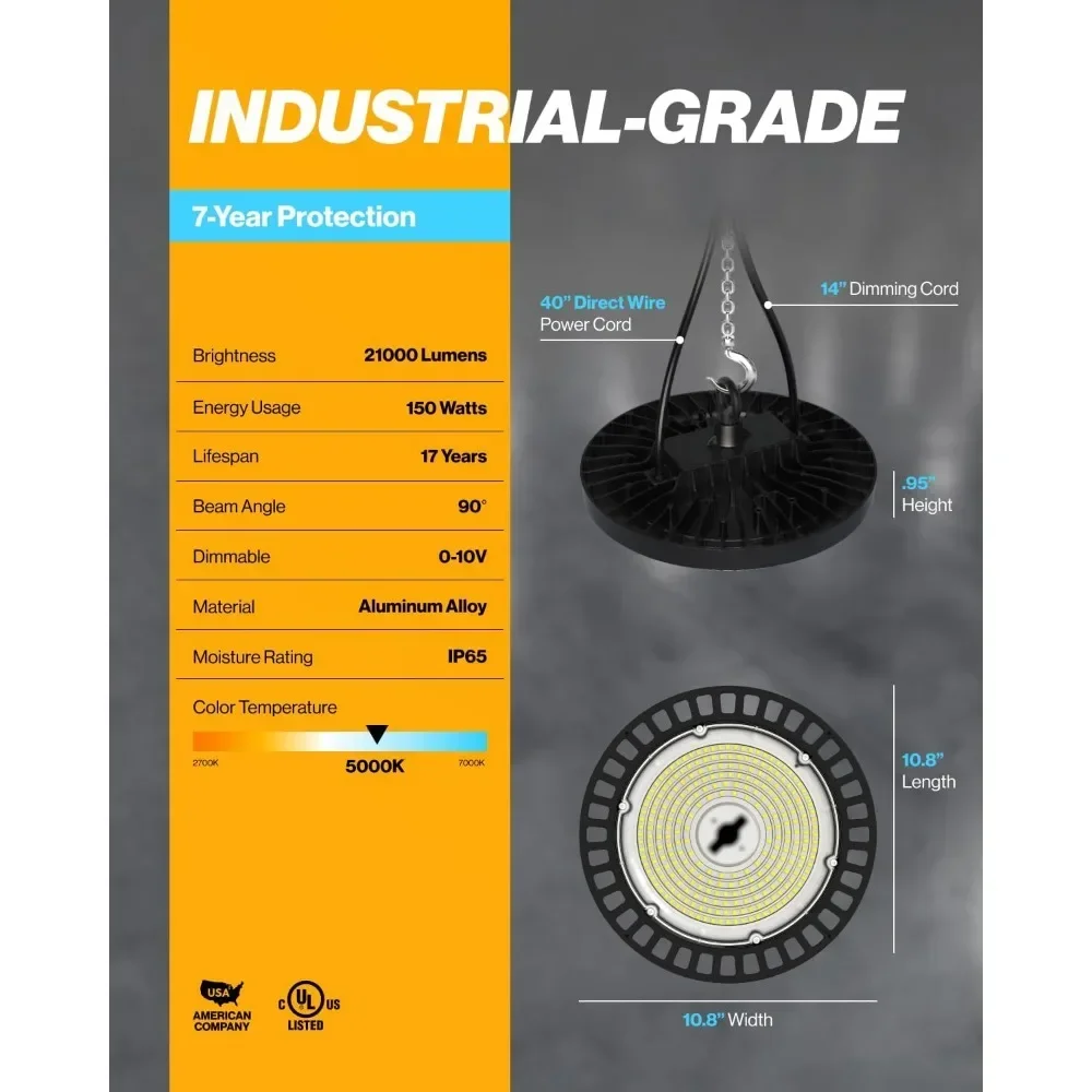 창고용 UFO LED 하이 베이 라이트 조명, 5000K 일광 150W, 21000 LM, 100-277V, 조도 조절 가능, 1-10V, IP65