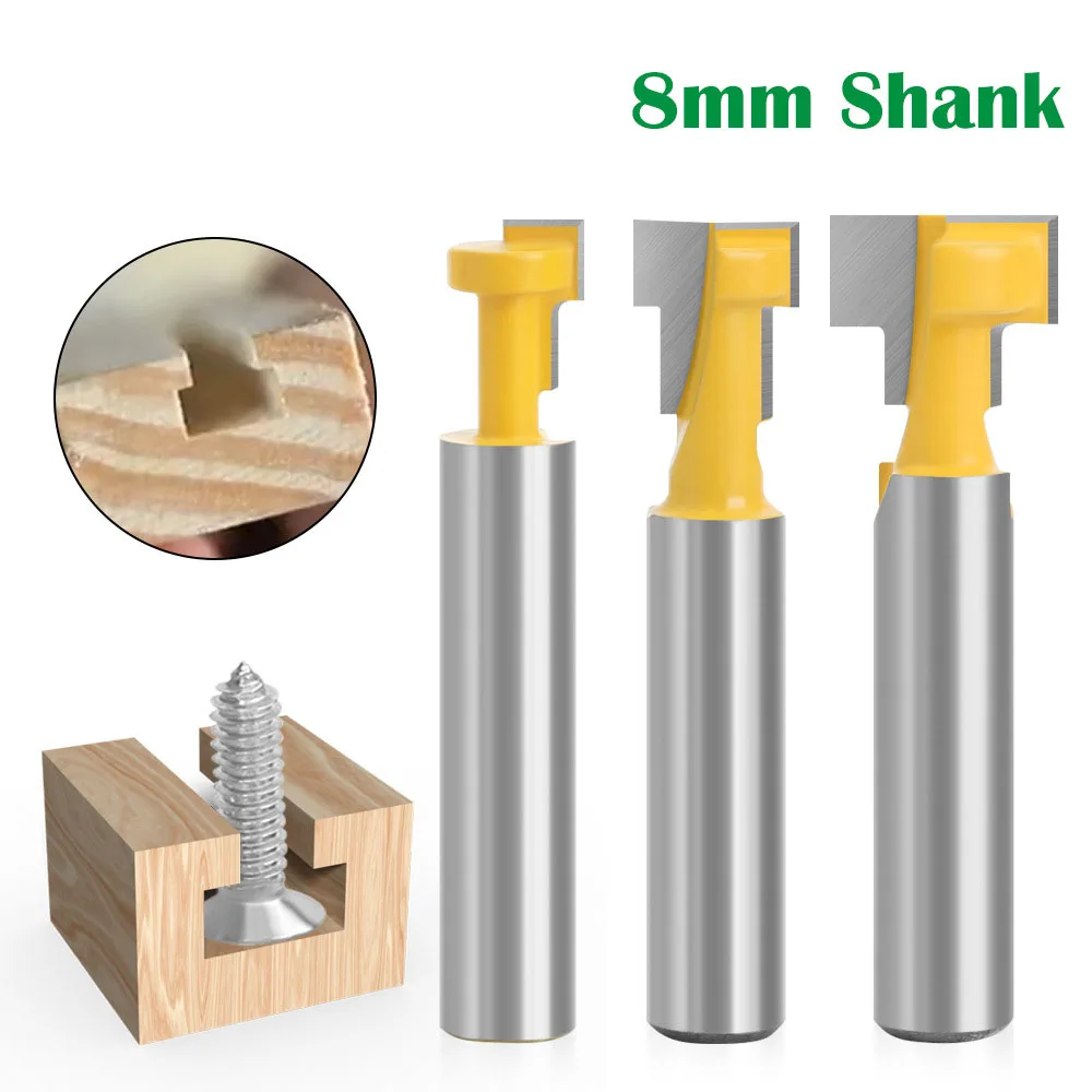 1PC 8MM Shank Milling Cutter Wood Carving T-Slot Cutter Router Bit Set Hex Bolt Key Hole Bits T Slotting Milling Cutter for Wood