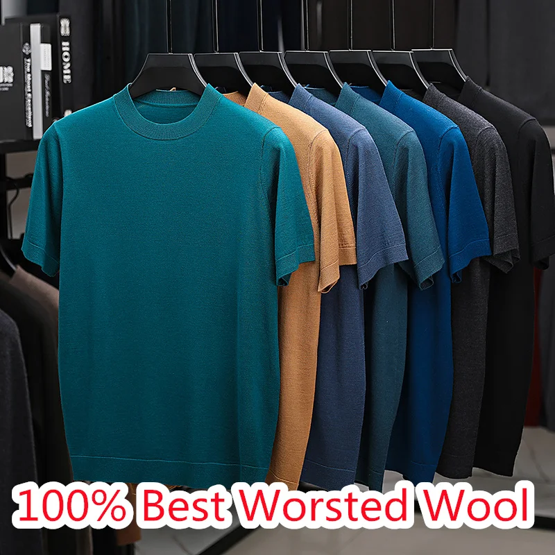 

100% Best Superfine Wool Tees Men Casual O-Neck Worsted Sheep Wool Tops Pullover Knitwear Short Sleeve Slim Fit Knit t-shirts
