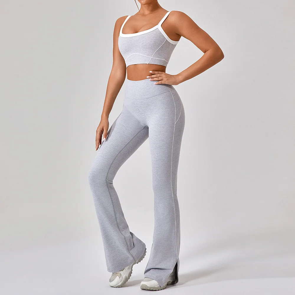 Conjunto de Yoga sin costuras para mujer, Sujetador deportivo en contraste, Top corto de cintura alta, Leggings acampanados de levantamiento de cadera de melocotón, conjunto de entrenamiento, ropa de gimnasio de Fitness
