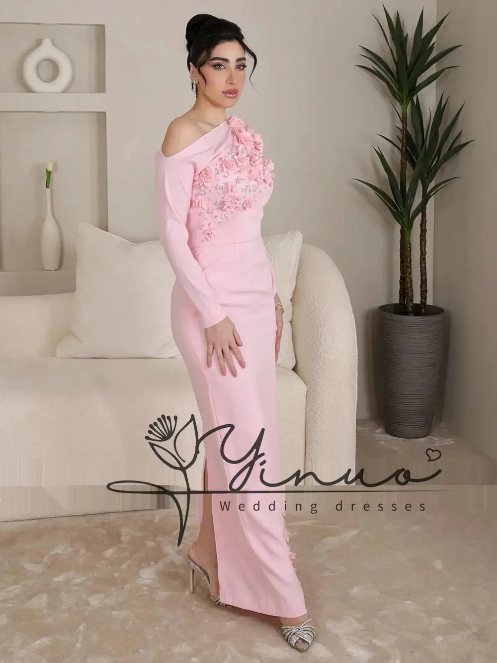 Saudi-Arabien Ballkleid lange Ärmel 3d Blumen Kristall Perlen Schlitz Meerjungfrau Party kleid für Hochzeiten rosa Abendkleider