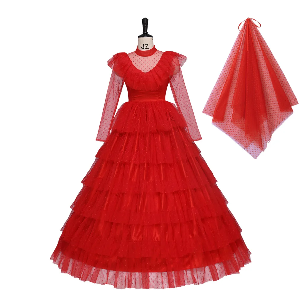 Lydia Cosplay Costume Scary Musical Red Bride Wedding Gothic Dress Evening Gown Outfits Gauze Skirt Veil Halloween Women