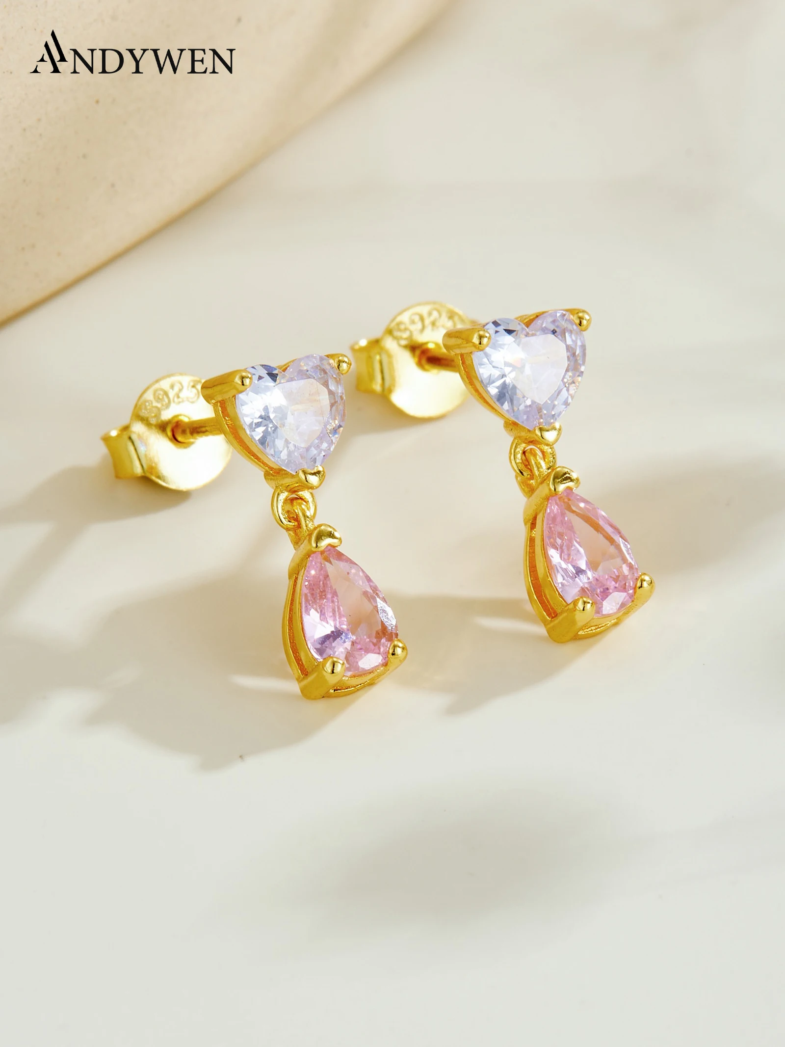 

ANDYWEN 925 Silver Heart & Drop Earrings, Lavender CZ Heart Pink Teardrop, Sweet Jewelry Gift Box for Women, Daily Wear