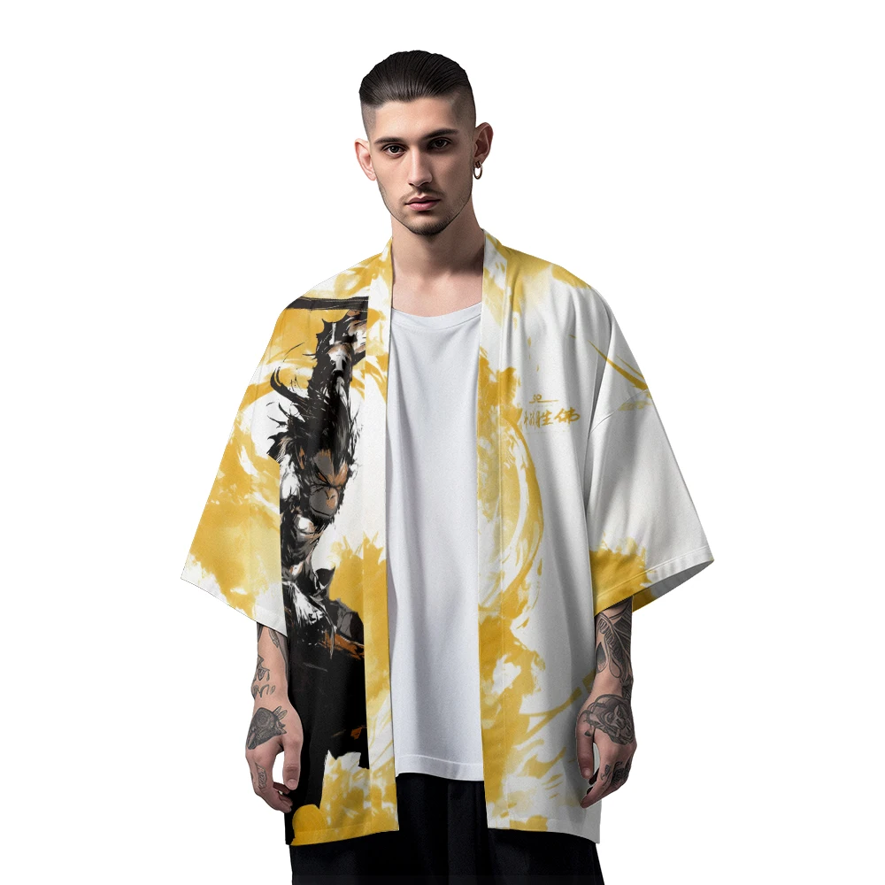 Monkey King Kimono Shirt Wu Kong Men's Chinese Mythological Characters Animation Printed Clothing Half Sleeve Tops