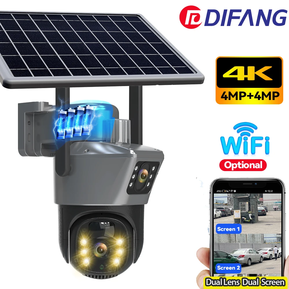 4K 8MP V380 Pro WiFi Camera Solar Wireless Surveillance Dual Lens Dual Screen PTZ CCTV IP Auto Tracking Street Cam Solar