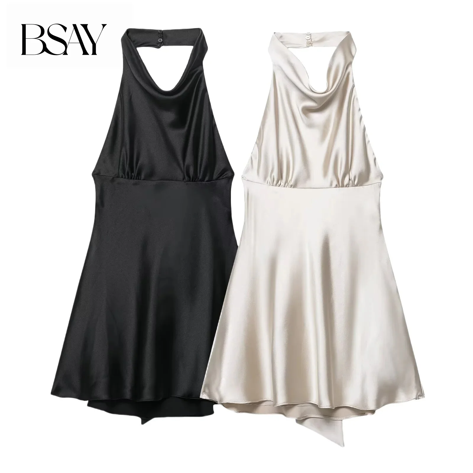BSAY Sommer neues 2025, Seidentextur, einfarbig, schlankmachend, ärmellos, hängender Hals, Miss-Kleid, französisches Abendkleid