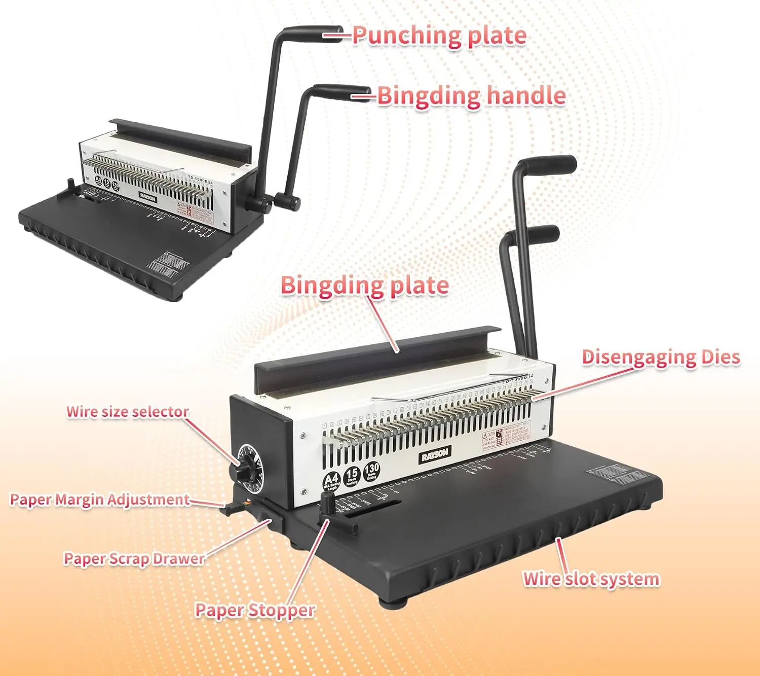 Wire Binder 31 Pitch 15 Sheet Punch 130 Sheet Capacity 34 Fully Disengageable Square Hole Punch Pins Custom Hole Patterns A4 Let