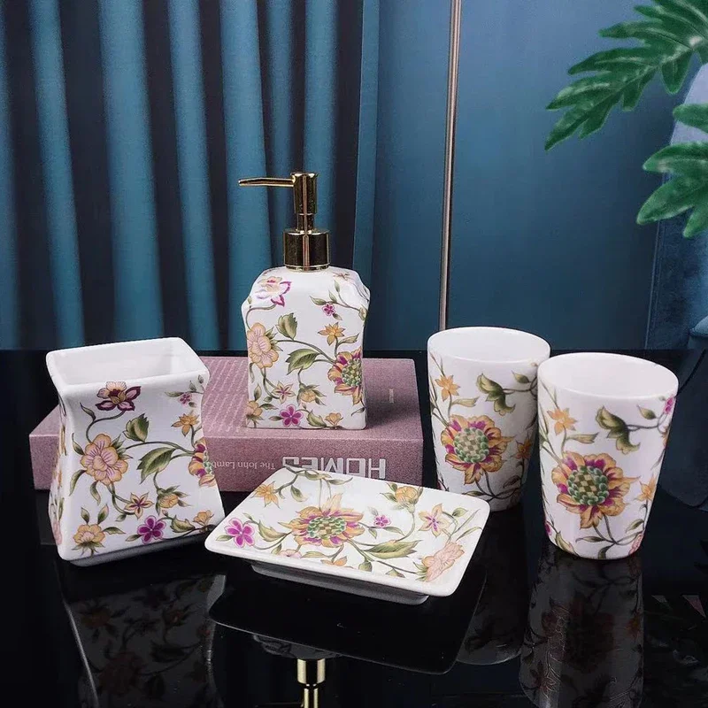 Nordic Flower Pattern Washing Tools Ceramics Restroom Liquid Soap Bottle Mouth Cup Toothbrush Holder Soap Dish Tray Bathroom Kit
