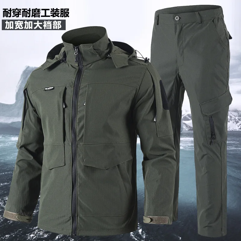 Frühling Herbst Herren Softshell Taktisches Zweiteiler-Set Wasserdicht Winddicht Multi-Taschen Abnehmbare Kapuze Jacke Gerade Cargohose – Detail 2