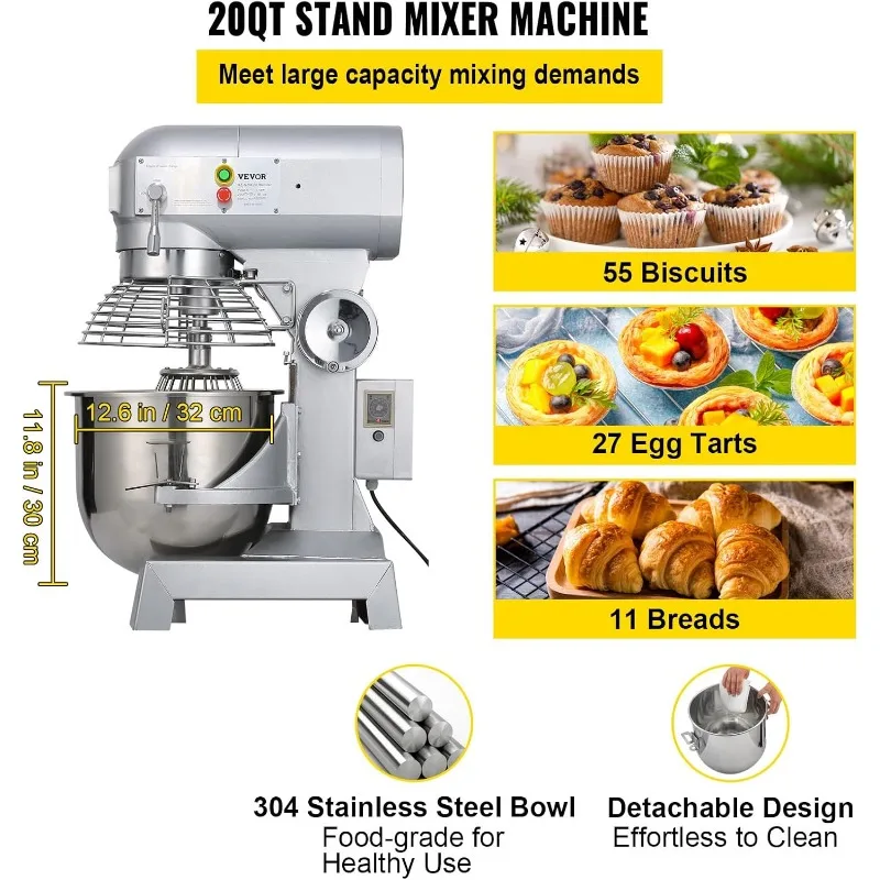 Commercial Mixer 1100W Stainless Steel Bowl Heavy Duty Electric Food Mixer Commercial with 3 Speeds Adjustable