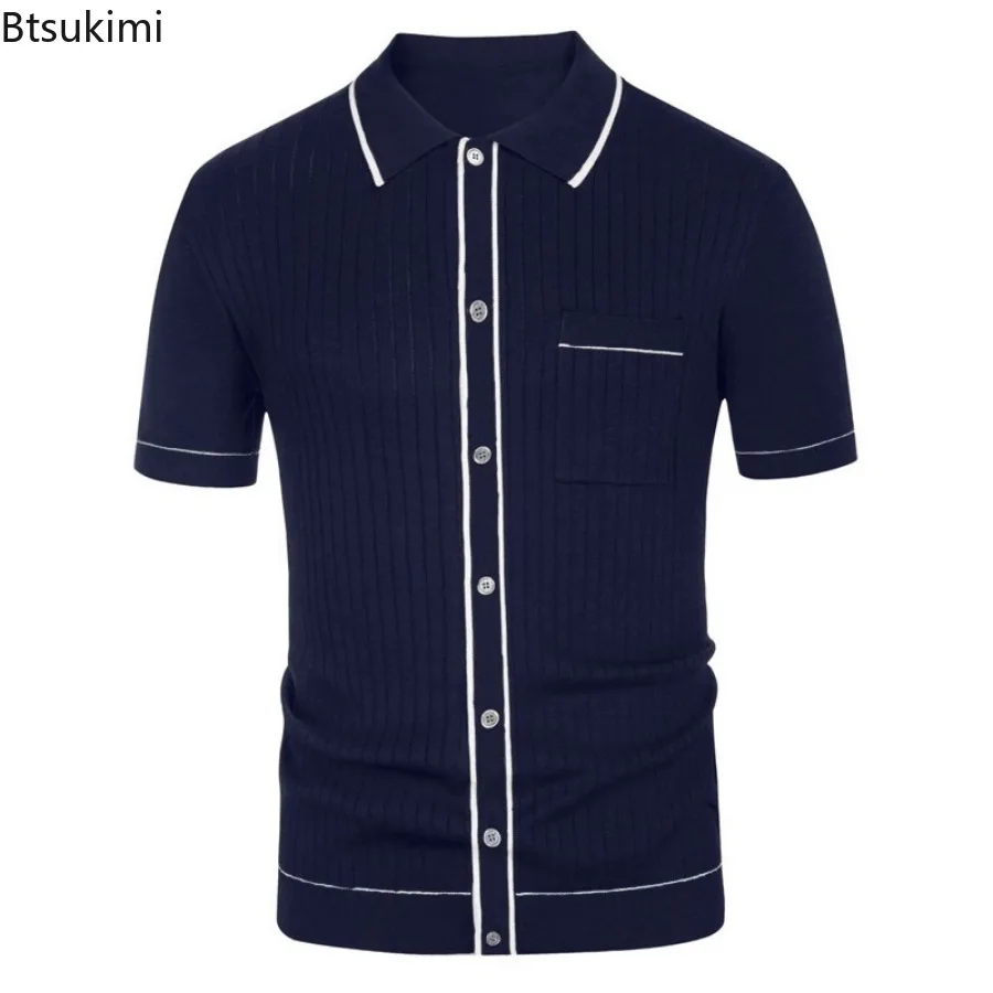 2024 Men\'s Summer Short Sleeve Polo Shirts with Button Front Solid Knitted Formal Office Dress Shirts Male Casual Shirts Tops