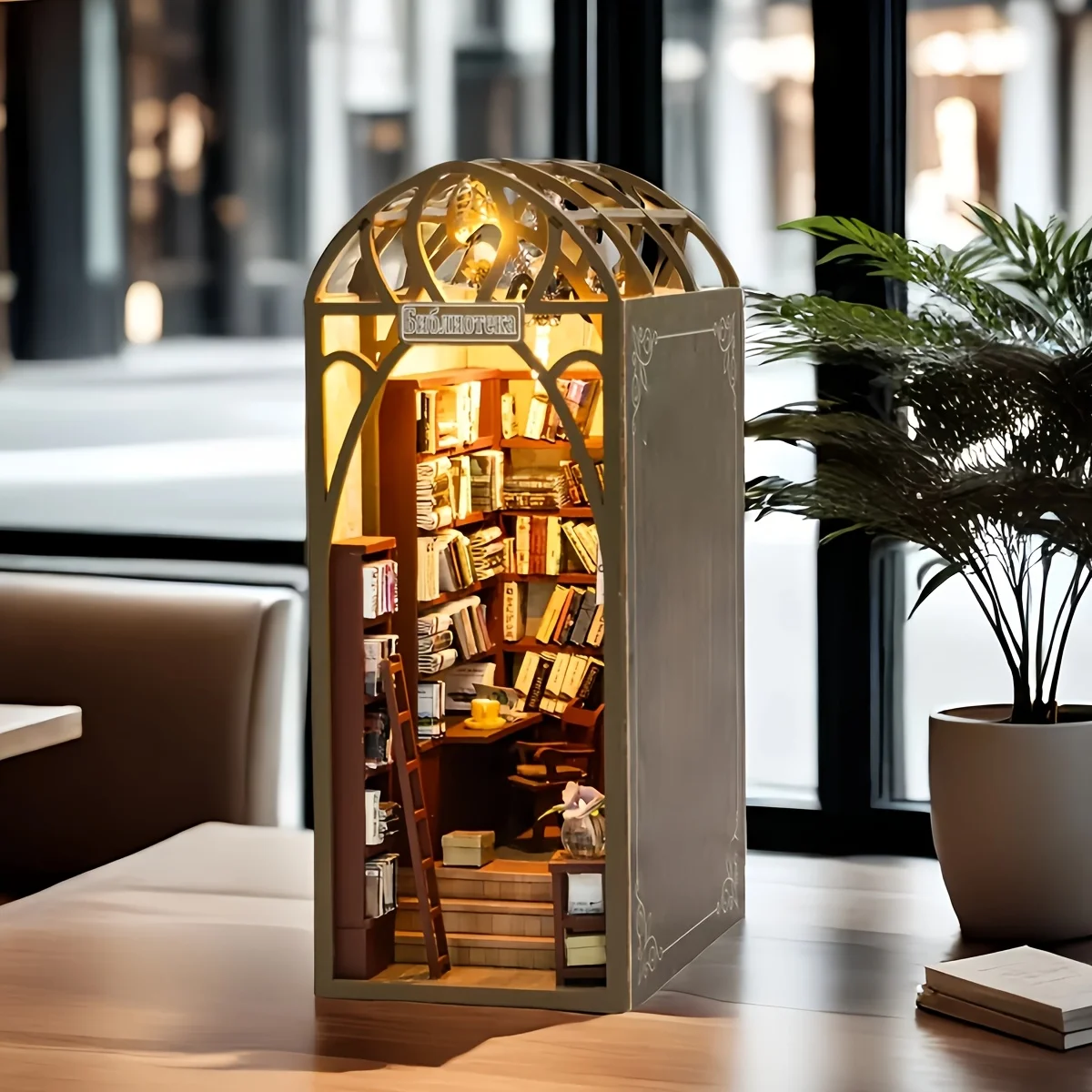 Library bookshelf set 3D wooden room bedroom insert decoration assembly building model DIY handmade mini set, wooden crafts Hall