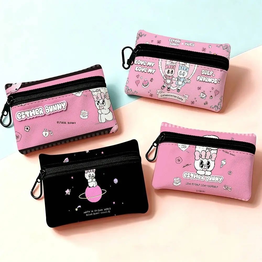 E-Esther Bunny Cartoon Compact Oxford Cloth Zipper Pouch Detachable Carabiner Mini Coin & Key Wallet