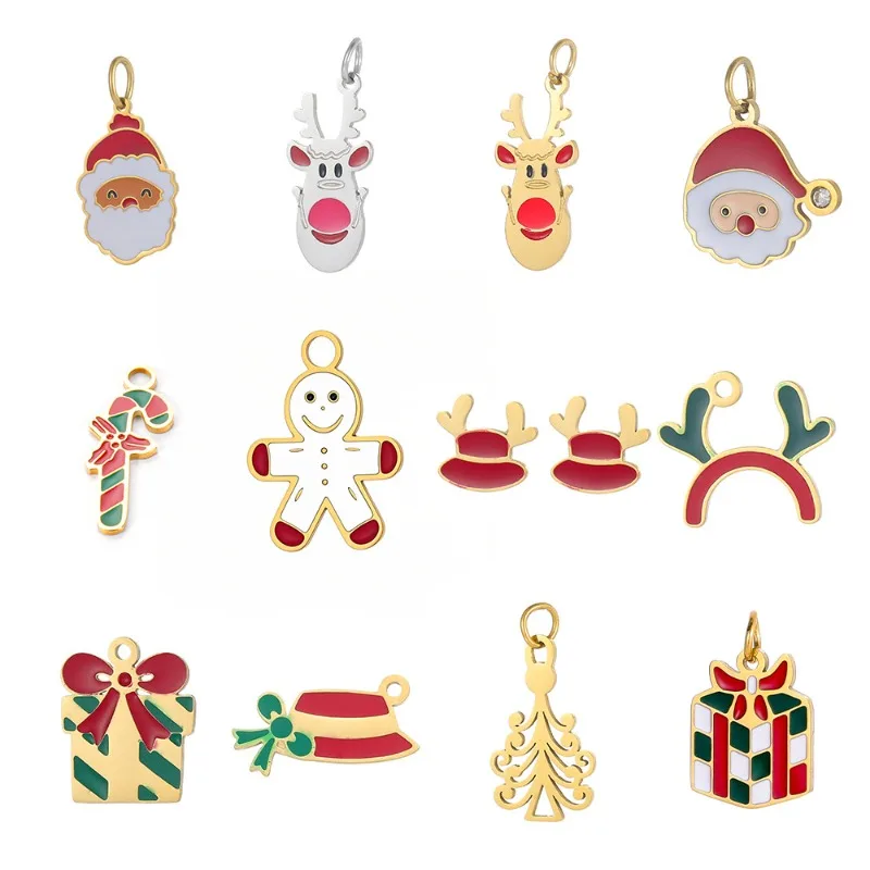 Stainless Steel Christmas Enamel Charm Santa Red Nose Reindeer Gingerbread Man Candy Cane  Bracelet Jewelry Making Findings