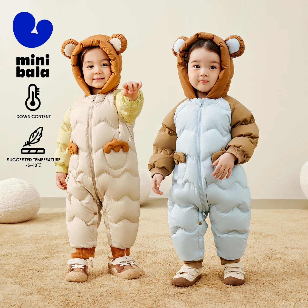 Mini Bala Down Jumpsuit For Infant Babies Outdoor Crawling Suit White Duck Down Winter Hooded Baby Boys Girls Baby Romper