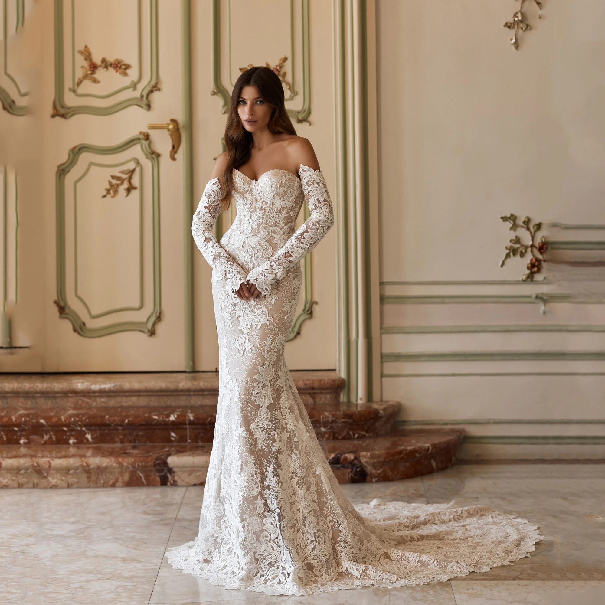 

Elegant Sweetheart Wedding Dress Lace Applique Mermaid Illusion Back Detachable Sleeve Bridal Gowns Customized robe de mariée