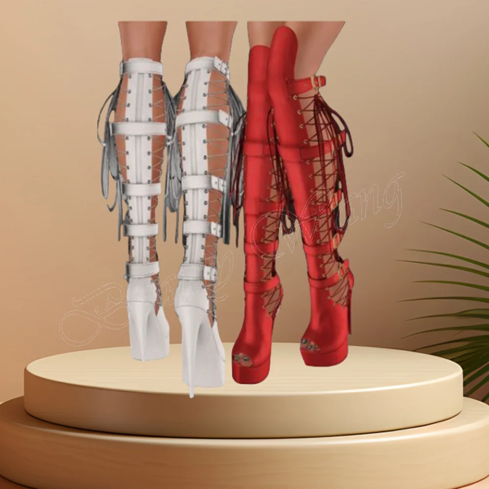 

White Side Lace up Sandals Boots Platform Solid Spike Heel Open Toe High Heel Shoes for Women High Heel 2024 Zapatillas Mujer