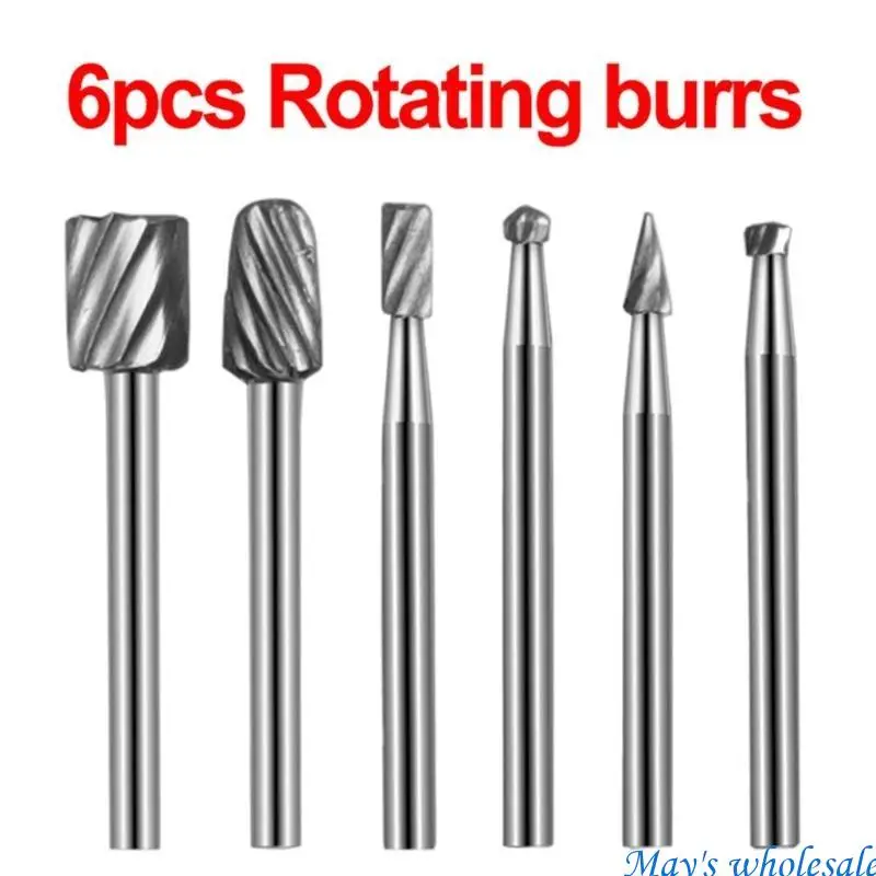 6Pieces Carbides Burr Set 3mm Shank Carbides Burr Set Head Die Grinder Bit for DIY Woodworking Metal Carving Engraving 448A
