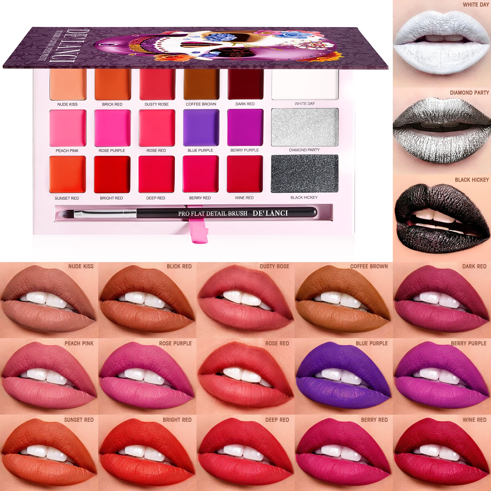 Lip Gloss Glitter Palette,18 Color Matte Lipstick Makeup Pallete for Girls Women Gift,Waterproof Halloween Body Paint Makeup Kit