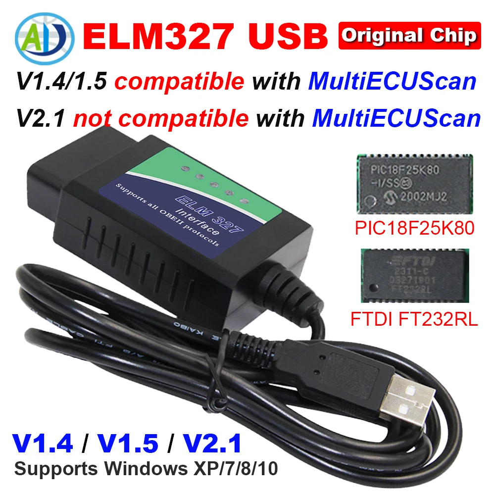 ELM327 V1.4/1.5/2.1 USB OBD2 Scanner For ScanMaster/ScanTool/MultiEcuScan Original PIC18F25K80 FTDI FT232RL OBD2 Diagnostic Tool