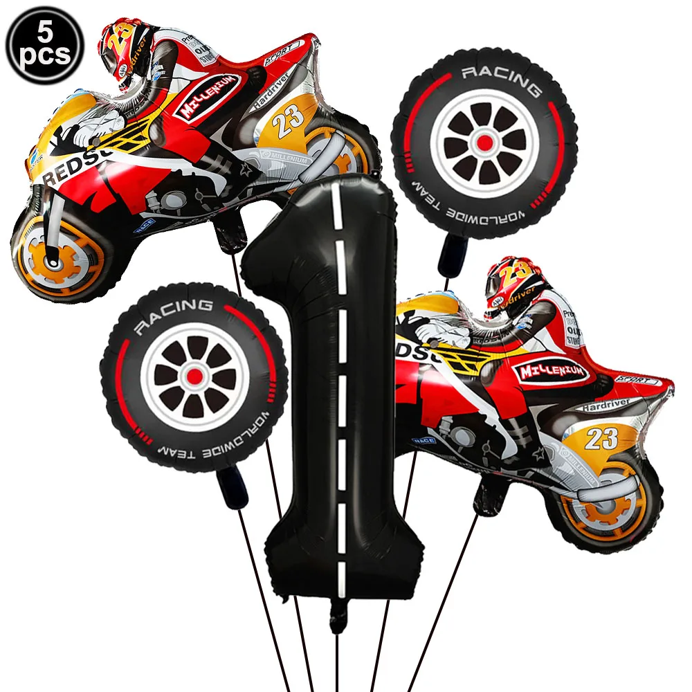 5Pcs Motorcycle Foil Balloon Black Number Motorcycle Wheel Tire Balloon Boys 5th Birthday Party Racing Car Theme Party Decor