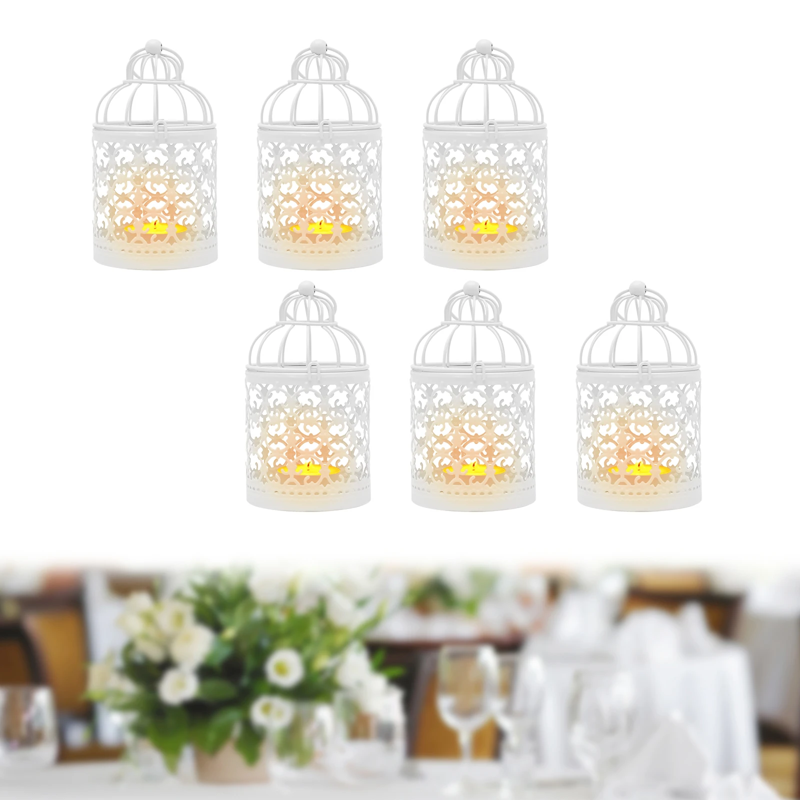 

6 Pcs Bird Cage Lantern Candle Holders,White Metal Hollow Out Decorative Birdcage 8*8*14cm for Decorate Courtyard,Walls