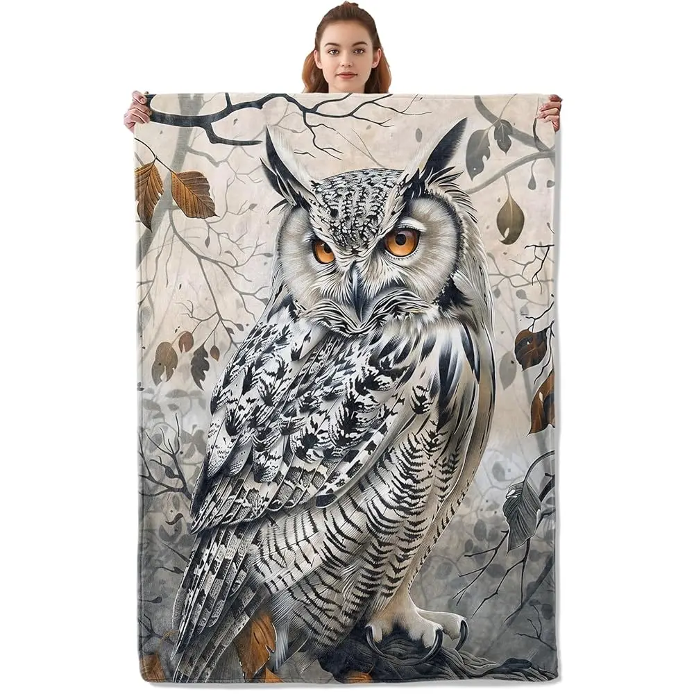 

White Owl Blanket - Soft & Lightweight Cozy Flannel Throw Blanket - Plush Warm Blankets For Travel, Sofa, Bedroom, Office, Home
