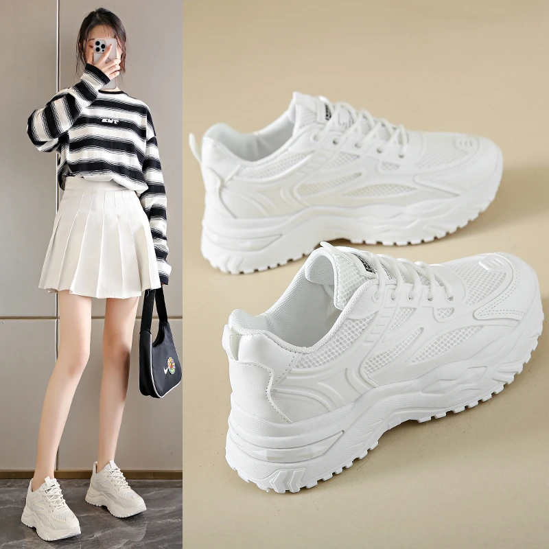 White Sneakers Women 2024 New Leather Chunky Sneakers Women's Sports Shoes Thick Tennis Vulcanized Shoes Basket Platform Shoes