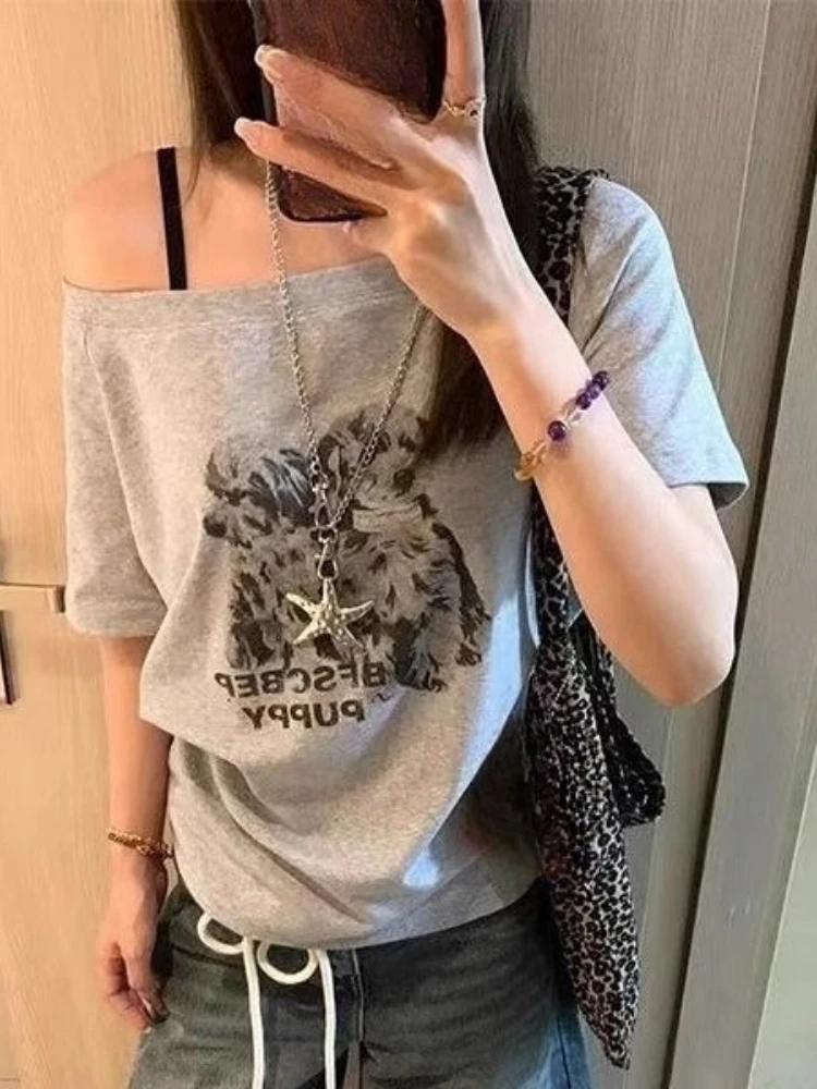 

Women Y2k Aesthetic Cartoon Dog Printing Grunge Tops Summer Streetwear Slash Neck Tshirts Harajuku Vintage Casual Loose Tees