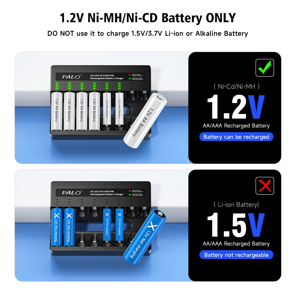 Palo-充電式バッテリー,USB-C急速充電,懐中電灯用スマート充電器,aa,aaa,3000mah,1100mah,1.2v,ni-mh,充電式