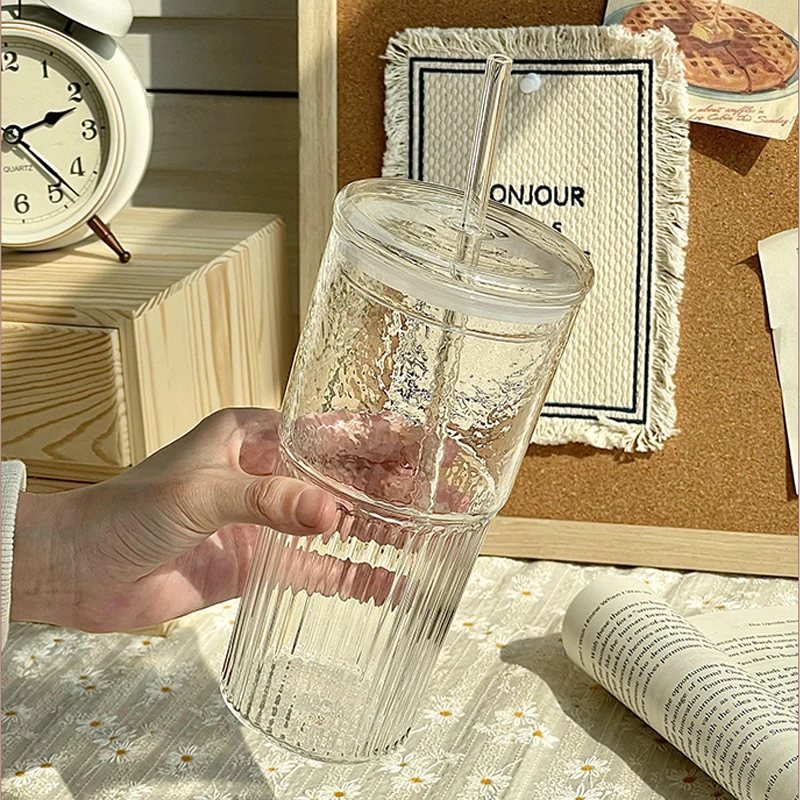 Taza de cristal a rayas de 450/600ml, vasos transparentes con tapa y pajita, taza de café helada, taza de té, vaso de jugo, tazas de agua y leche