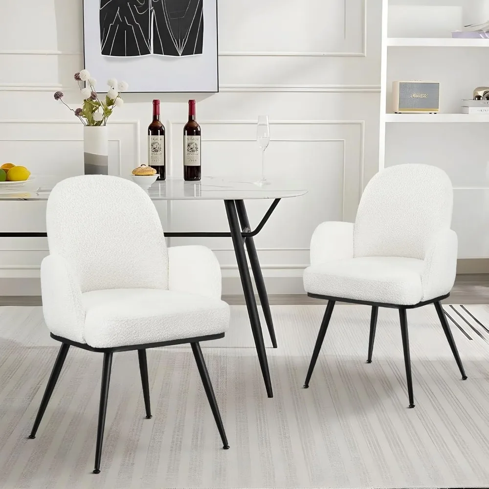 

Modern White Dining Chairs Set of 2, Armrests & Sturdy Metal Legs, Boucle Fabric Upholstered, Comfortable & Durable for Dining R