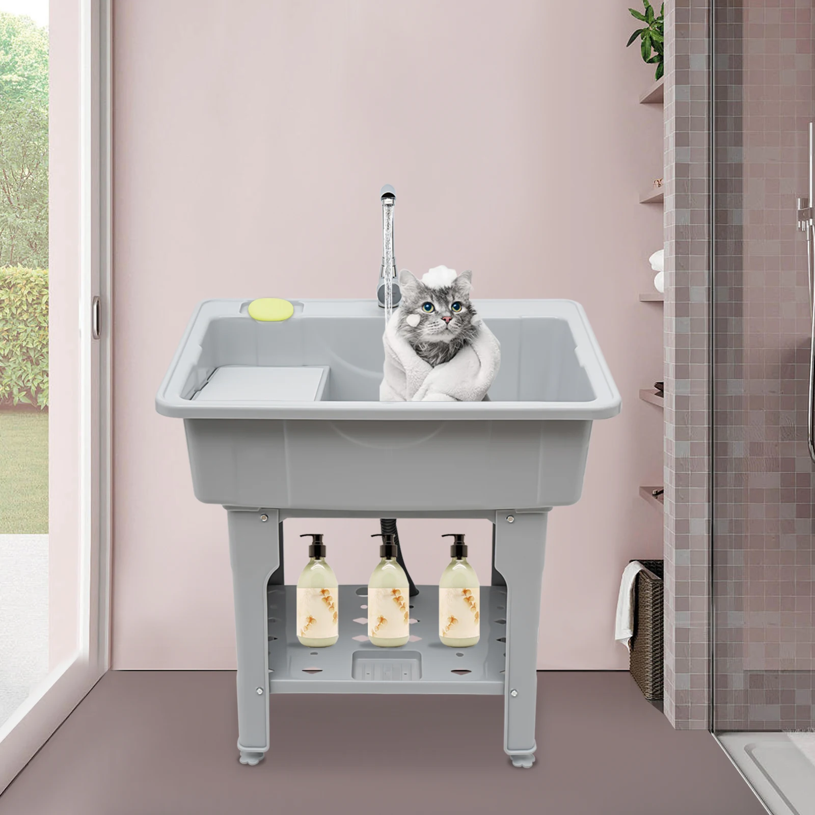 

Freestanding Utility Sink with Faucet & Washboard Portable Plastic Sink Hot/Cold Water for Basement, Garage, Garden