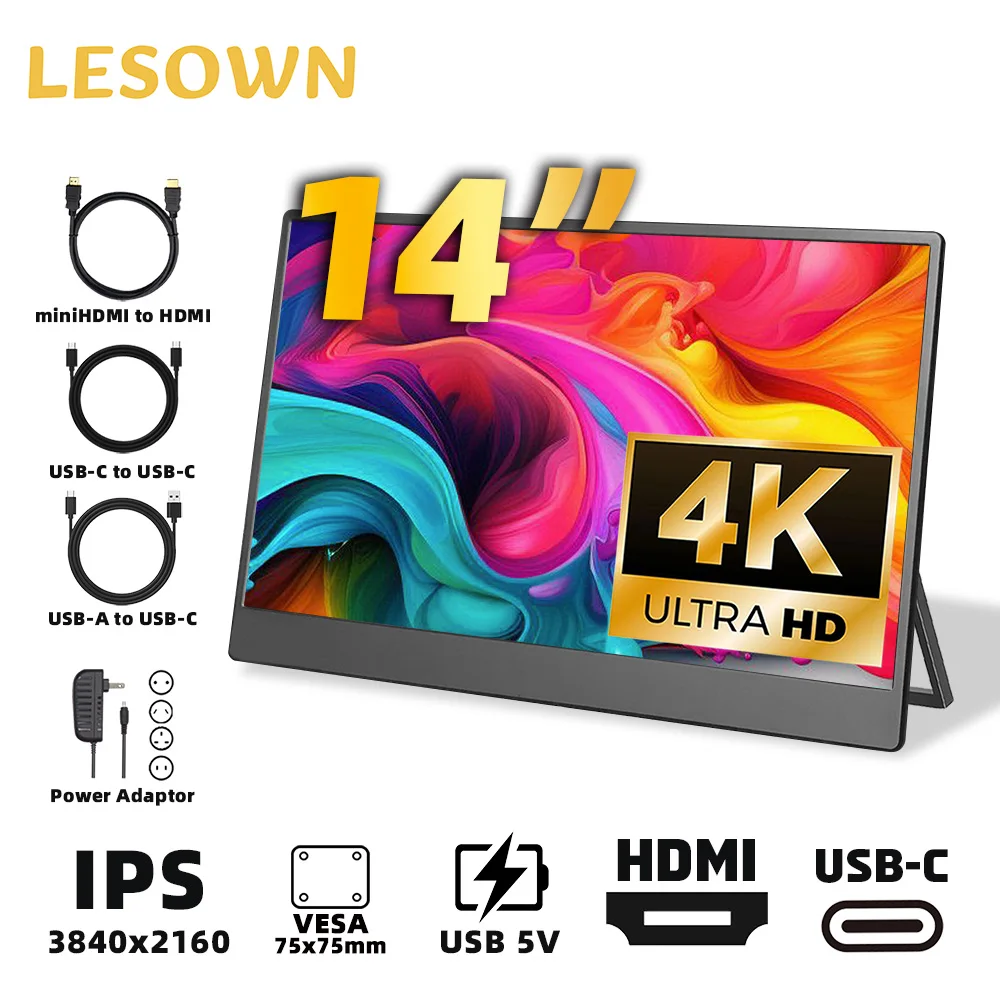 LESOWN 14 inch 4K Portable Monitor 60Hz USB C HDMI Widescreen 1080p FHD Second External Screen Display for Laptop Switch TV Box