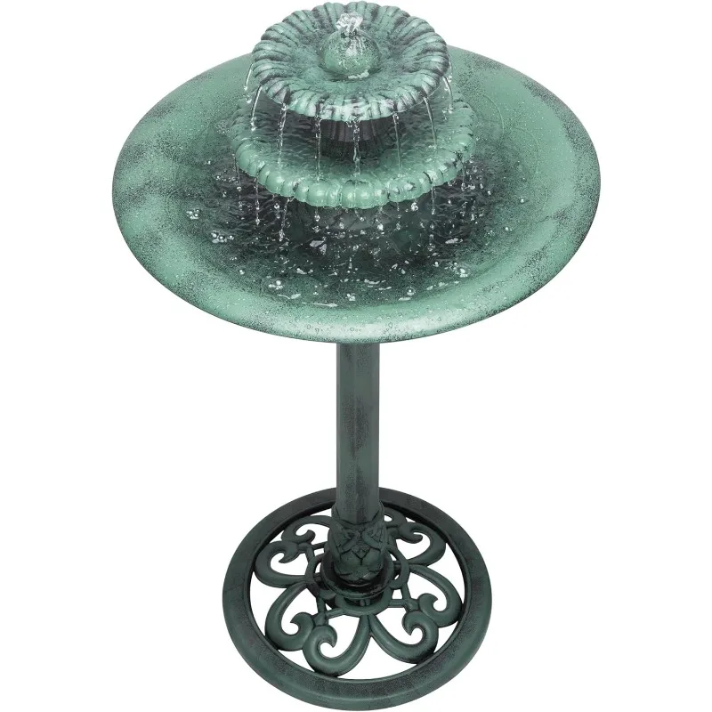 TEC106 Outdoor Floor 3-Tiered Pedestal Water Fountain and Birdbath, Pedestal Waterfall Fountain, Green