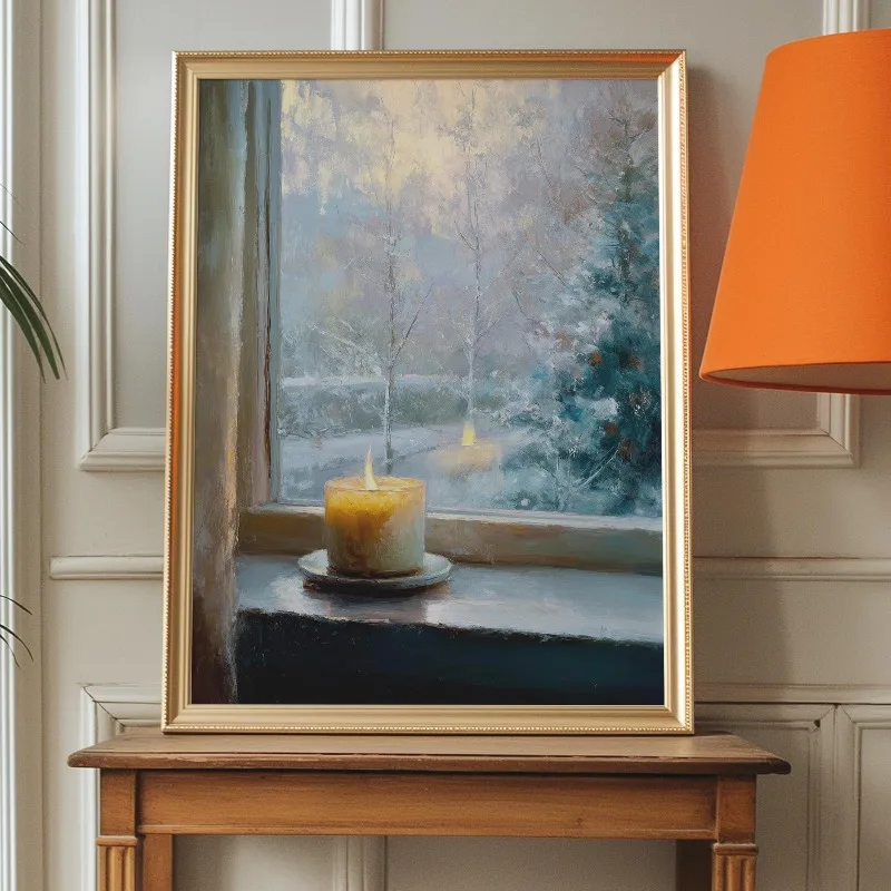 Winter Window Sill Candle Canvas Wall Art Snowy Outdoor View Vintage Rustic Christmas Home Wall Print Unframed Canvas Poster