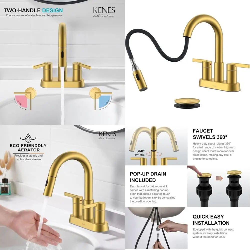 

4 2-Handle Pull-Out Spray Centerset Bathroom Faucet with Pop-Up Drain, LJ-9069-4