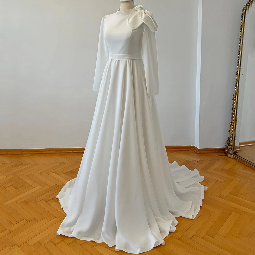 

Simple Bride Wedding Dress with 3D Flower Long Sleeves A-Line Belt Floor Length Bridal Sweep Train High Neck Marriage Gowns