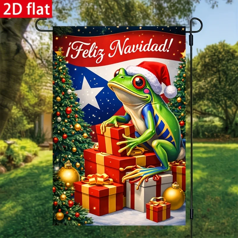 Puerto Rico Christmas Season Green Frog Theme Garden Decoration Flag, Spanish Feliz Navidad San Juan Style Outdoor Flag, Garden Terrace Festive Atmosphere Decoration Sun-resistant Waterproof Decoration Flag