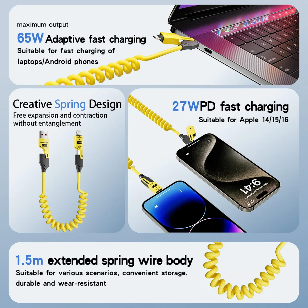 65W spring telescopic four in one data cable USB Mech Super Fast Charging Phone Data Cable Suitable for  iPhone 16 Huawei