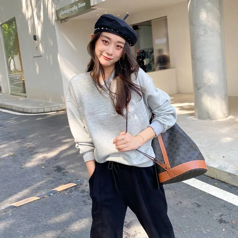 

Korean Blogger Women's Letter Embroidered Sweatirt Casual High Waist Batwing Sve Cotton Long Sve T-irt