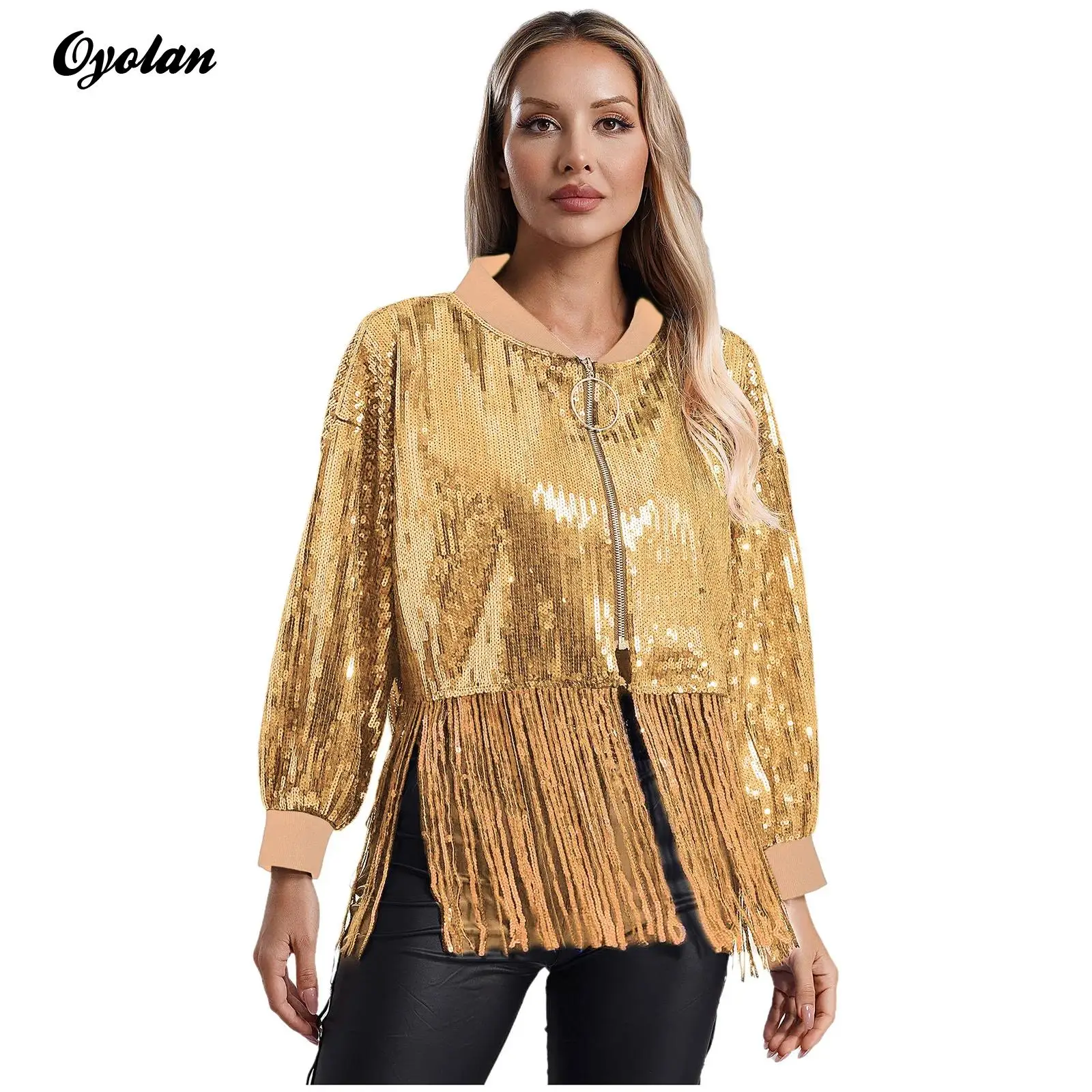 Womens Shiny Sequin Crop Outerwear with Fringe Jazz Dance Performance Tops Long Sleeve O-Ring Front Zip Party Crop Jacket Coat