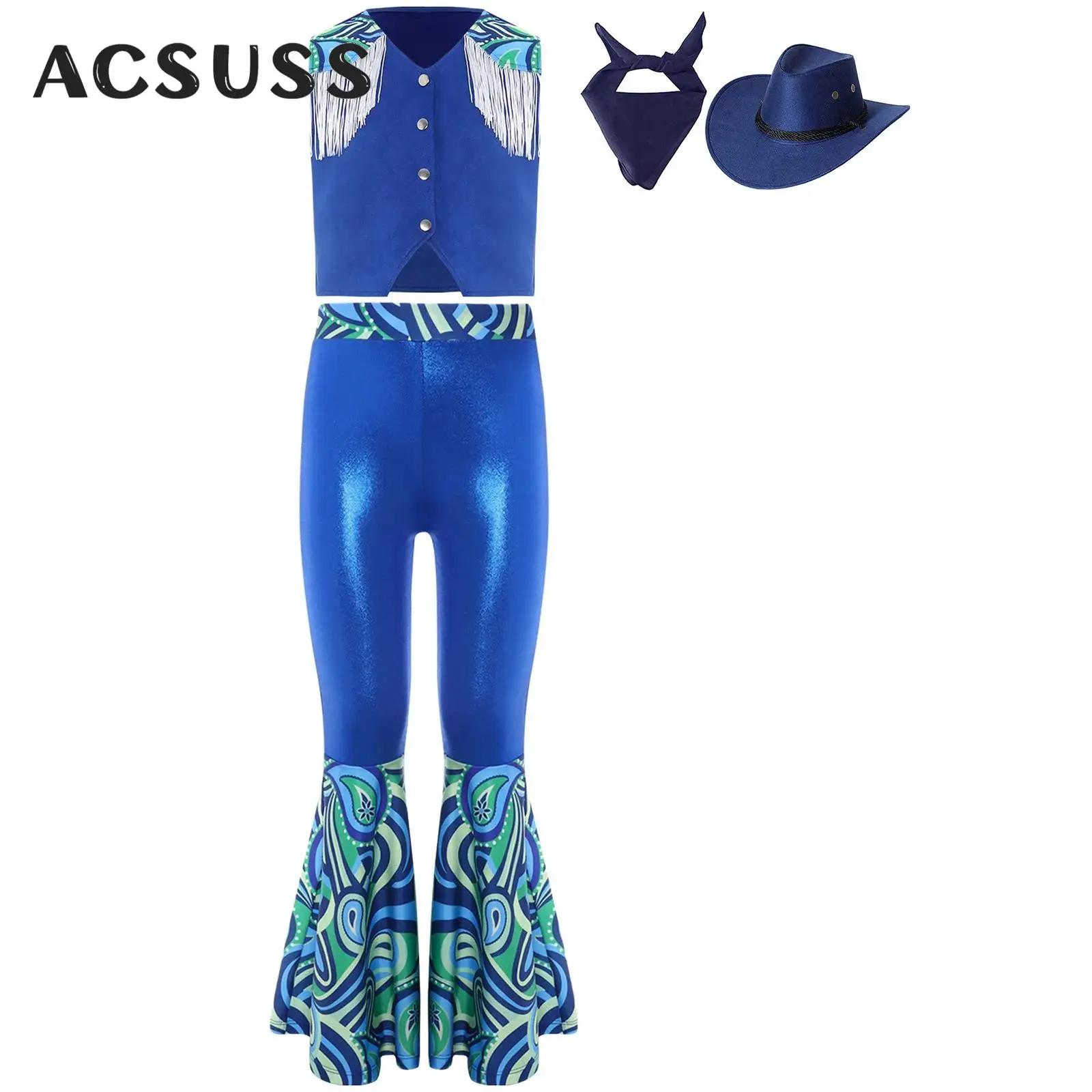 

Костюм в стиле вестерн-ковбой для девочек, хиппи, дискотека, жилет с кисточками и принтом, брюки-клеш для Хэллоуина, карнавала, тематического вечеринки, выступления